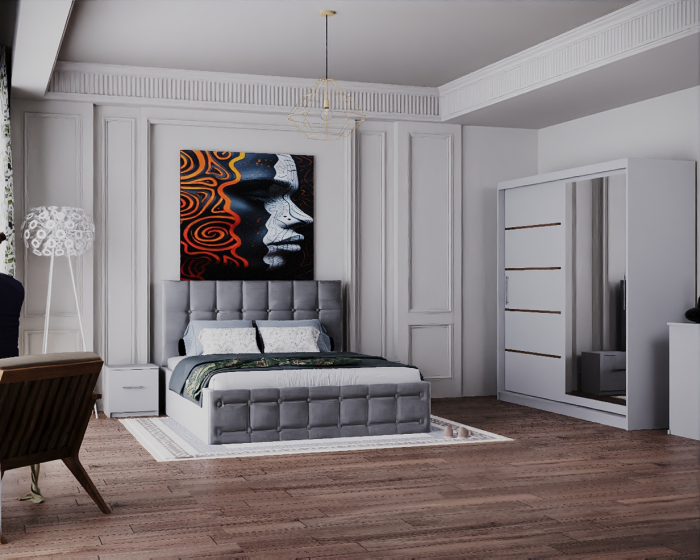 Dormitor Regal cu Pat Tapitat Stofa Gri cu dulap 200*200 usi glisante Alb cu Oglinda, noptiere si comoda [1]