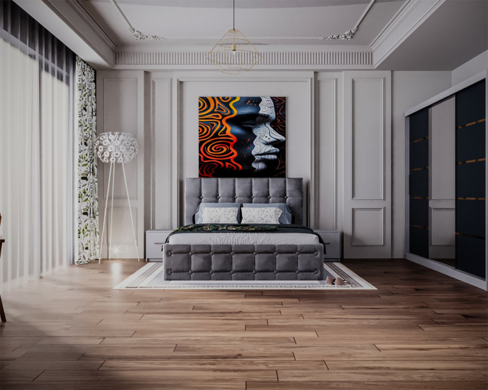 Dormitor Regal cu Pat Tapitat Stofa Gri cu dulap 250*200 usi glisante Alb&Antracit cu Oglinda, noptiere si comoda [4]