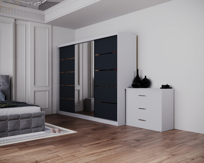 Dormitor Regal cu Pat Tapitat Stofa Gri cu dulap 250*200 usi glisante Alb&Antracit cu Oglinda, noptiere si comoda [2]