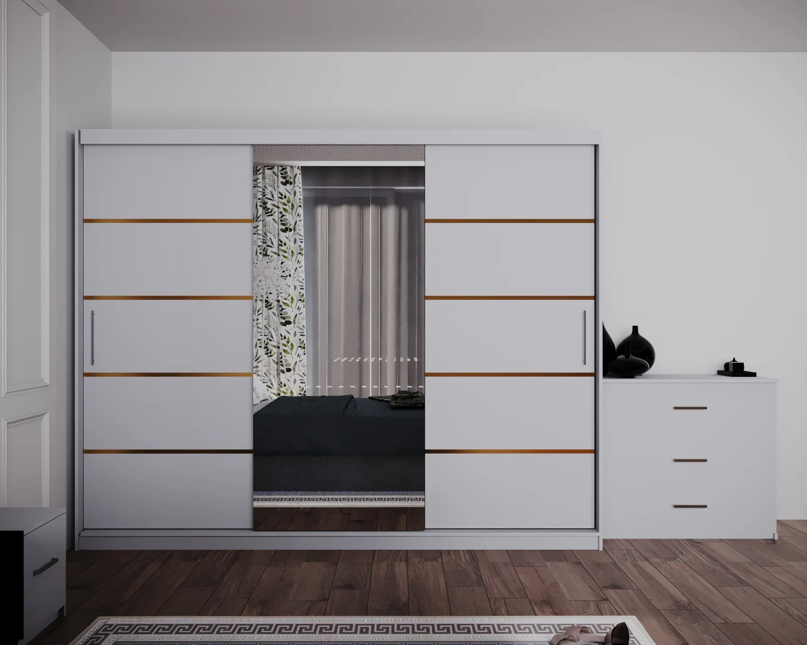 Dormitor Regal cu Pat Tapitat Stofa Gri cu dulap 250*200 usi glisante Alb cu Oglinda, noptiere si comoda [4]