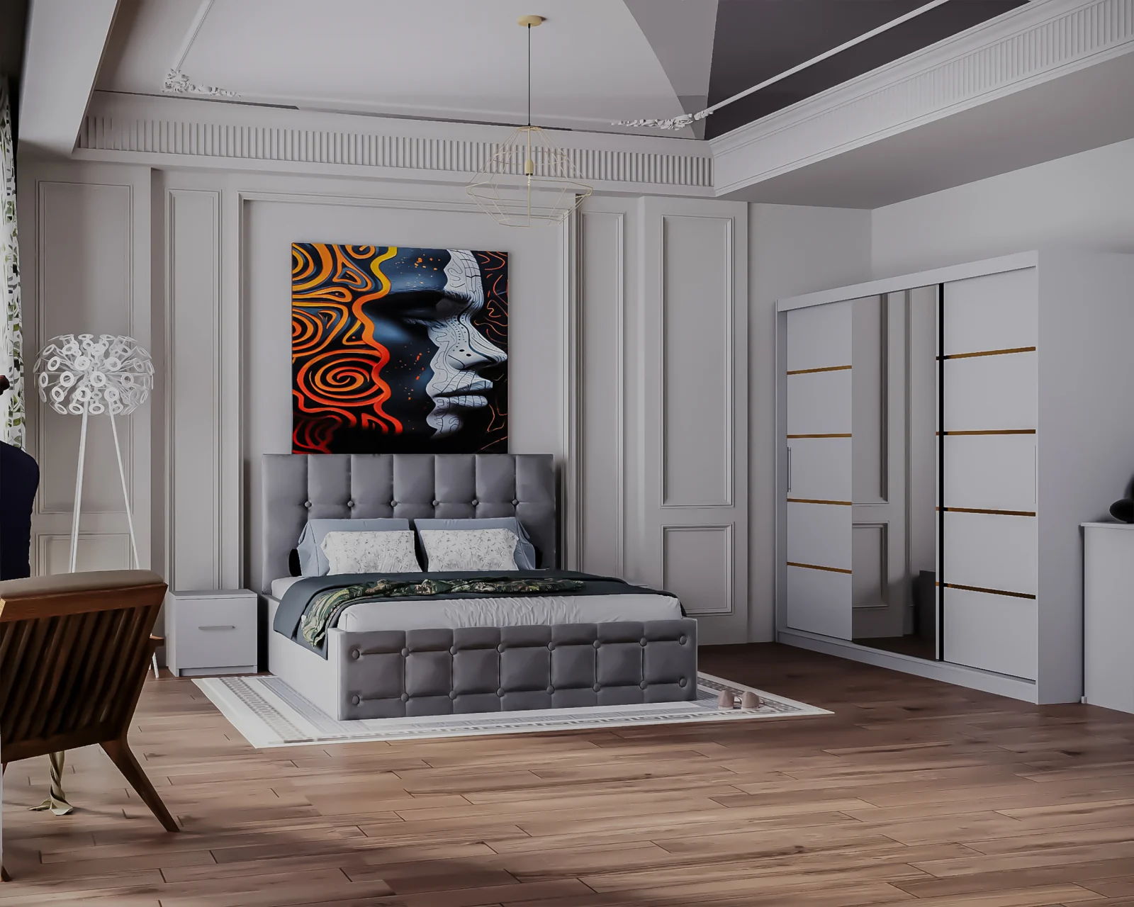 Dormitor Regal cu Pat Tapitat Stofa Gri cu dulap 250*200 usi glisante Alb cu Oglinda, noptiere si comoda [1]