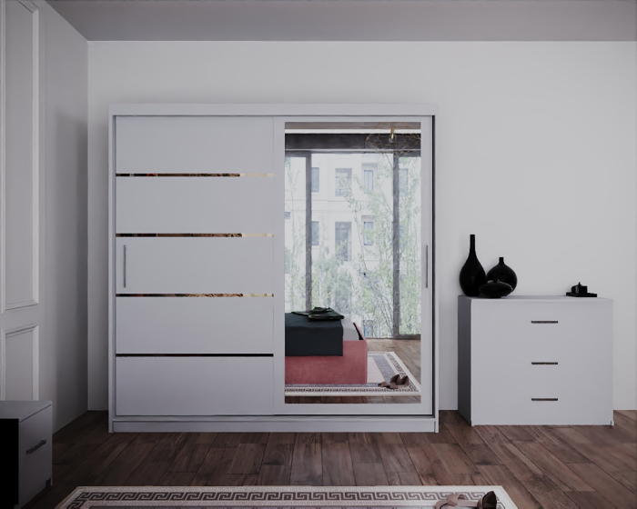 Dormitor Regal cu Pat Tapitat Stofa Roz cu dulap 200*200 usi glisante Alb cu Oglinda, noptiere si comoda [4]