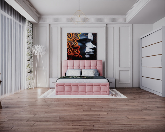 Dormitor Regal cu Pat Tapitat Stofa Roz cu dulap 200*200 usi glisante Sonoma&Alb, noptiere si comoda [1]