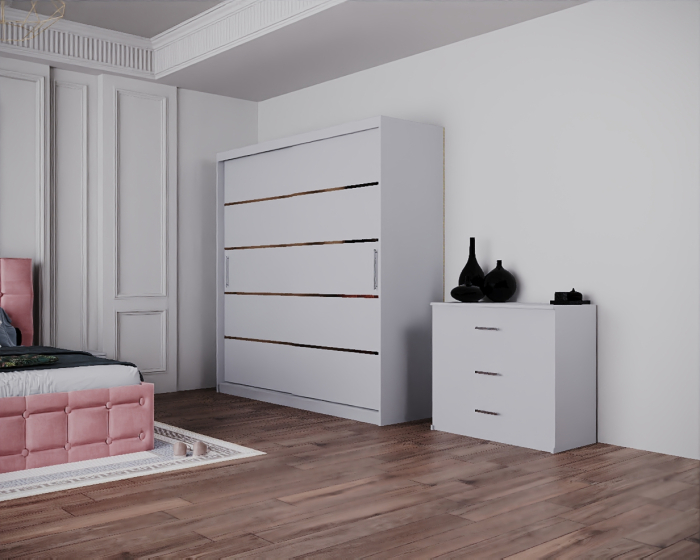 Dormitor Regal cu Pat Tapitat Stofa Roz cu dulap 200*200 usi glisante Sonoma&Alb, noptiere si comoda [2]