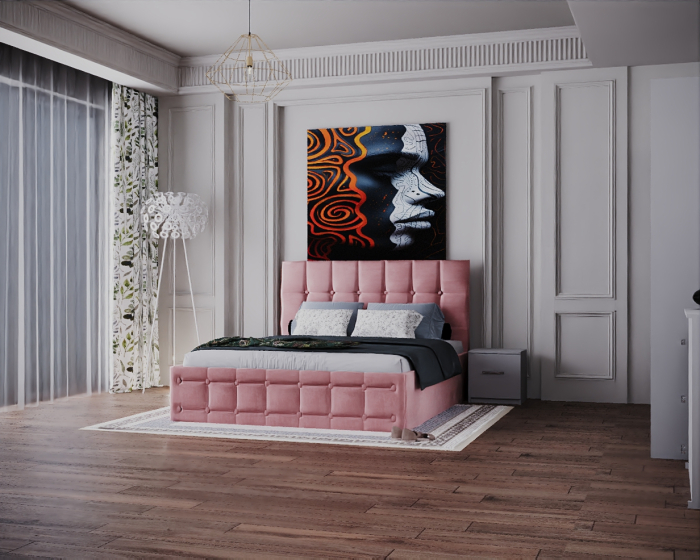 Dormitor Regal cu Pat Tapitat Stofa Roz cu dulap 200*200 usi glisante Sonoma&Alb, noptiere si comoda [3]