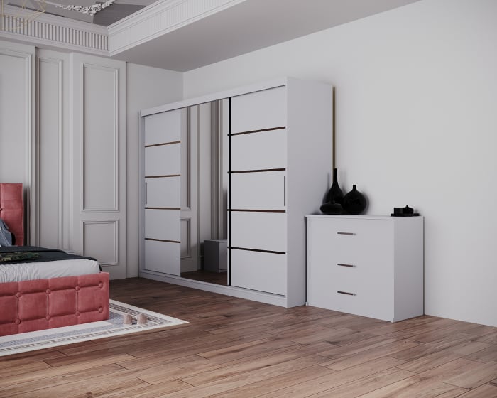 Dormitor Regal cu Pat Tapitat Stofa Roz cu dulap 250*200 usi glisante Alb cu Oglinda, noptiere si comoda [2]