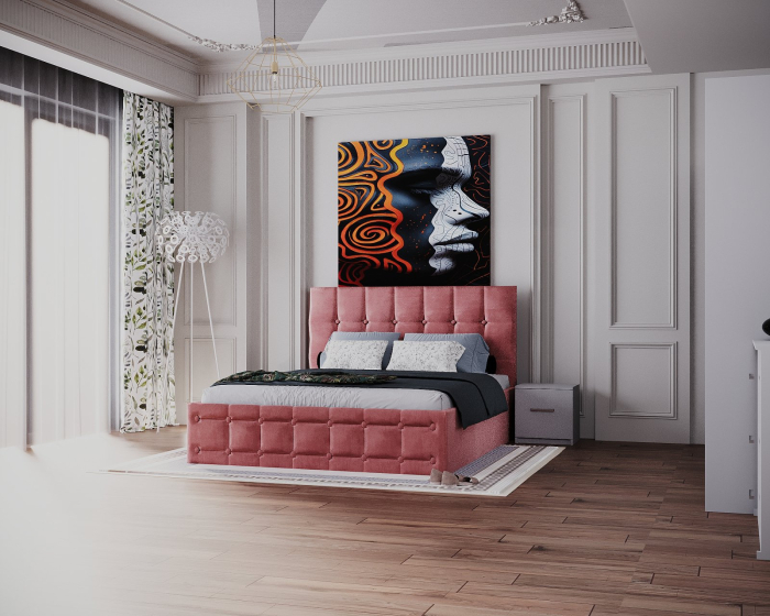 Dormitor Regal cu Pat Tapitat Stofa Roz cu dulap 250*200 usi glisante Alb, noptiere si comoda [3]