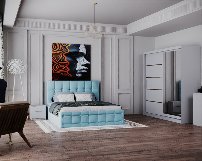 Dormitor Regal cu Pat Tapitat Stofa Turcoaz cu dulap 200*200 usi glisante Alb cu Oglinda, noptiere si comoda [4]