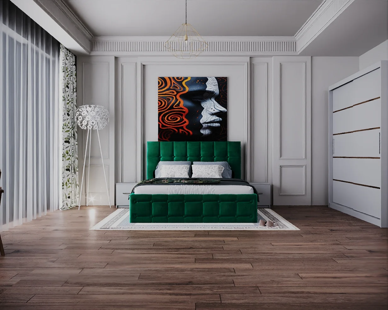 Dormitor Regal cu Pat Tapitat Stofa Verde cu dulap 200*200 usi glisante Alb cu, noptiere si comoda [4]