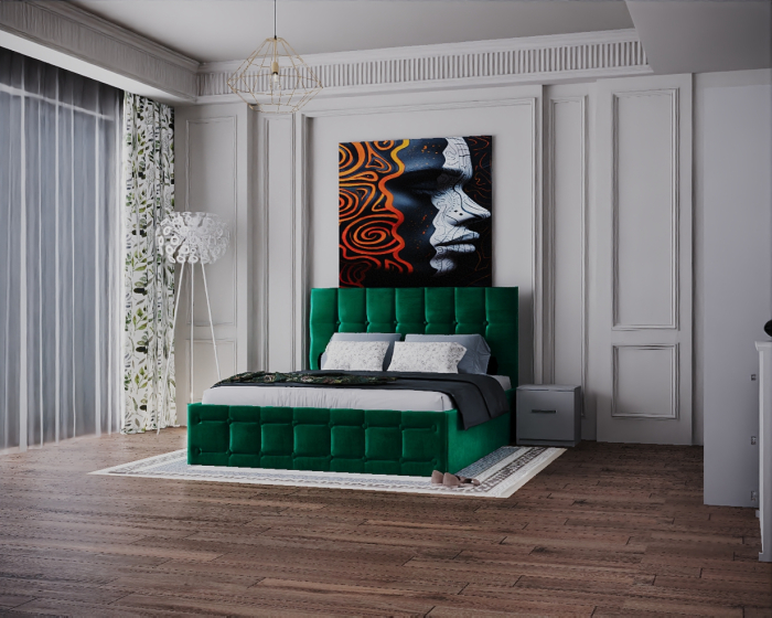 Dormitor Regal cu Pat Tapitat Stofa Verde cu dulap 200*200 usi glisante Alb cu Oglinda, noptiere si comoda [5]