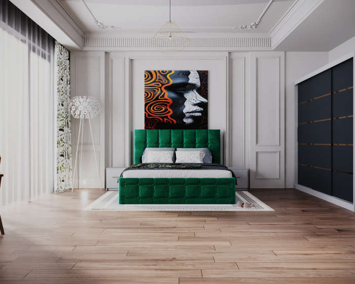 Dormitor Regal cu Pat Tapitat Stofa Verde cu dulap 250*200 usi glisante Alb&Antracit, noptiere si comoda [2]