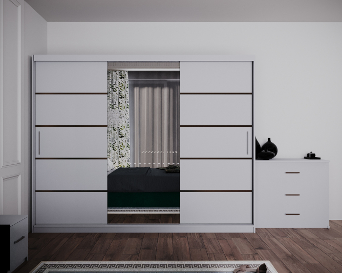 Dormitor Regal cu Pat Tapitat Stofa Verde cu dulap 250*200 usi glisante Alb cu Oglinda, noptiere si comoda [5]