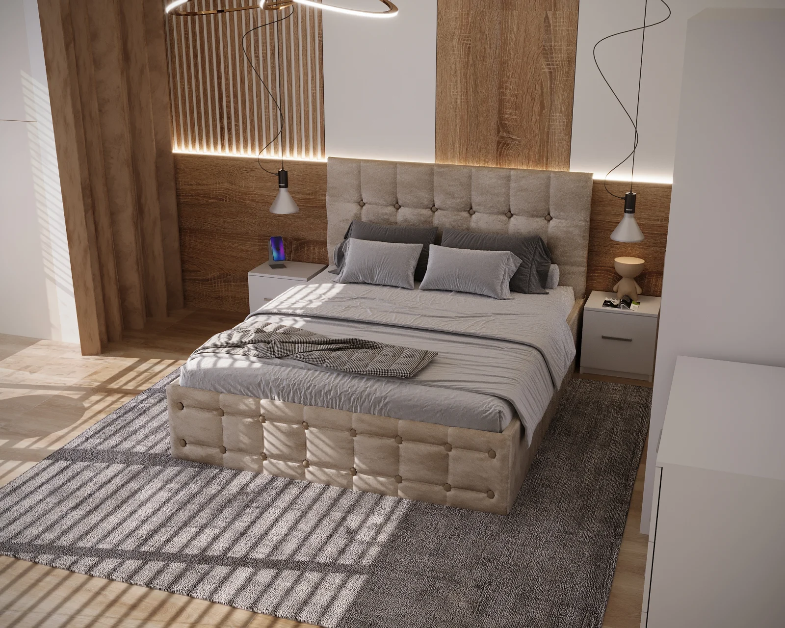 Dormitor Regal Tapitat Bej 2 Usi Alb cu Oglinda [4]