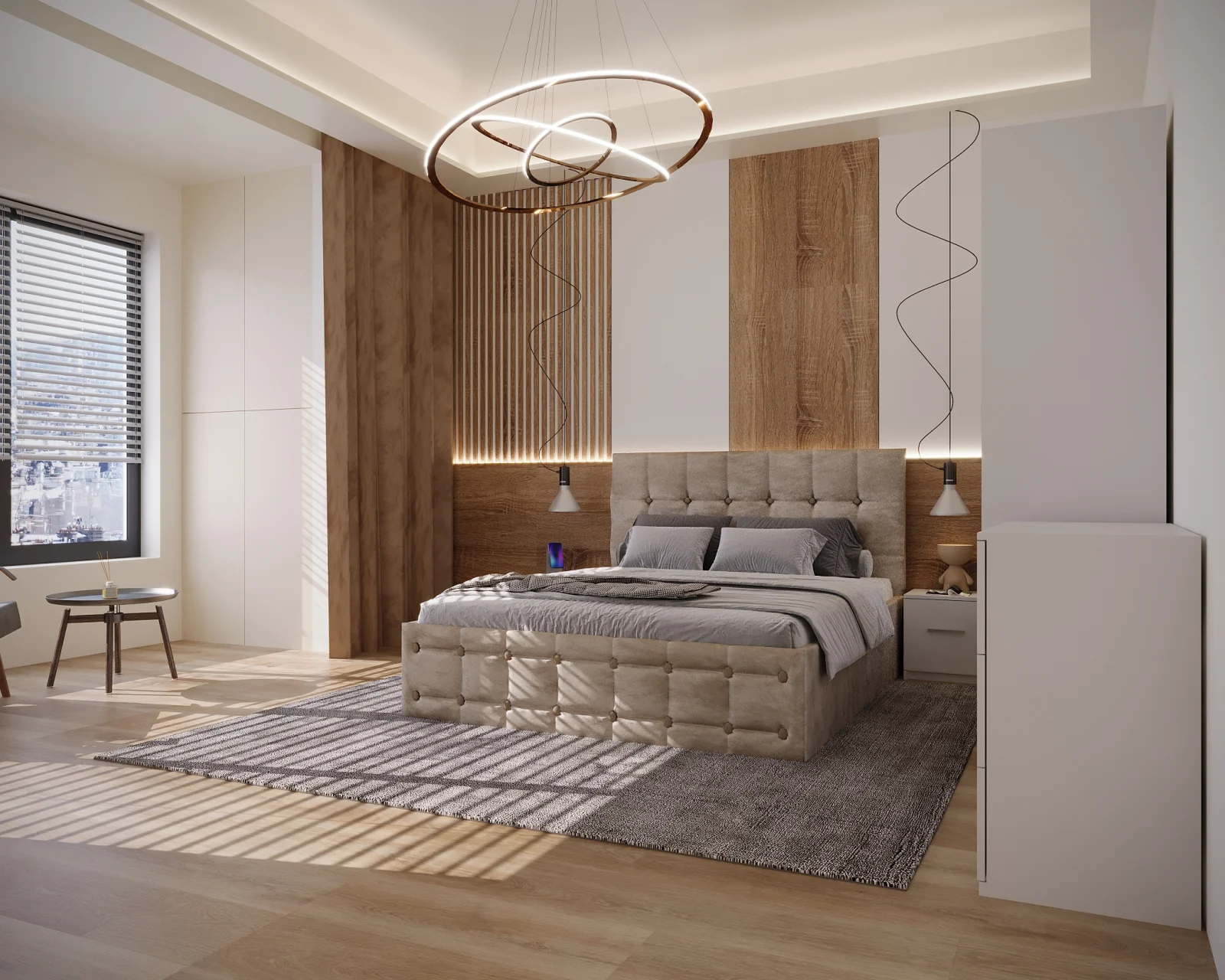 Dormitor Regal Tapitat Bej 2 Usi Alb cu Oglinda [3]