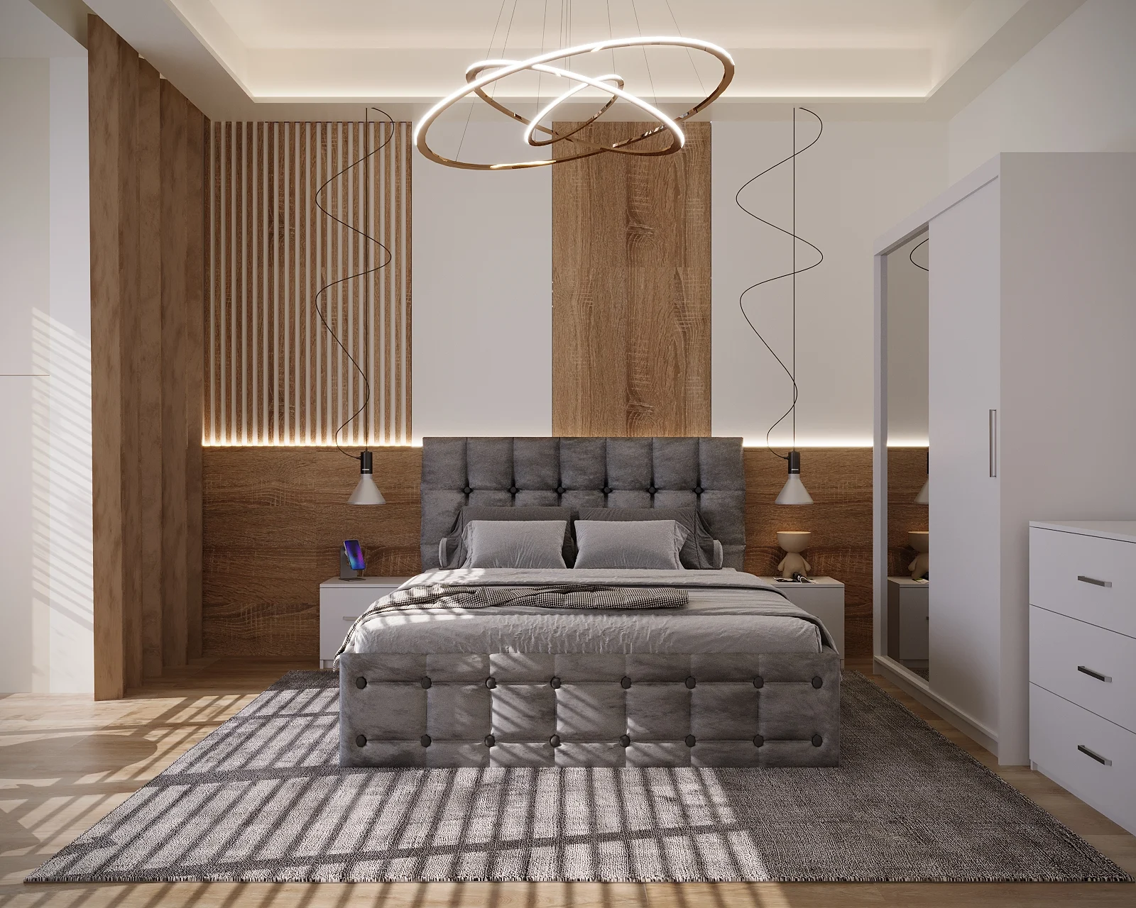 Dormitor Regal Tapitat Gri 2 Usi Alb cu Oglinda [1]