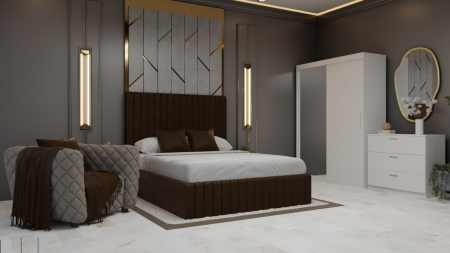 Dormitor Cairo Pat Tapitat Dressing 2 Usi Cu Oglinda Alb [1]