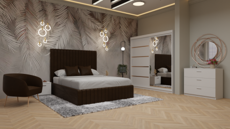 Dormitor Cairo Pat Tapitat Dressing 200x200 Alb Cu Oglinda [1]