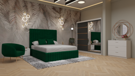 Dormitor Cairo Pat Tapitat Dressing 200x200 Alb&Gri Antracit Cu Oglinda [1]