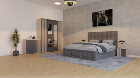 DALLAS - Dormitor Dallas Cu Pat Regal Tapitat Gri