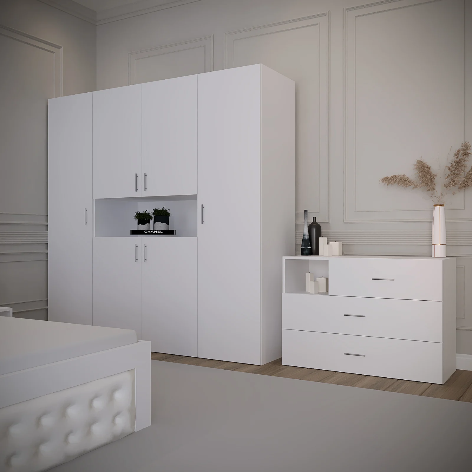 Dormitor Imperia Tapitat Alb 4 Usi Dressing V1 [2]