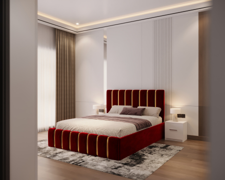 Dormitor LUX cu Pat Tapițat cu dulap 250x200 uși glisante Alb cu Oglinda, noptiere și comodă [1]