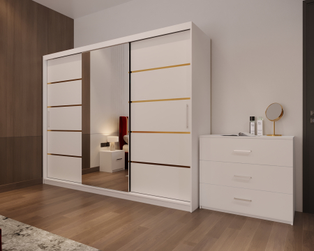 Dormitor LUX cu Pat Tapițat cu dulap 250x200 uși glisante Alb cu Oglinda, noptiere și comodă [3]
