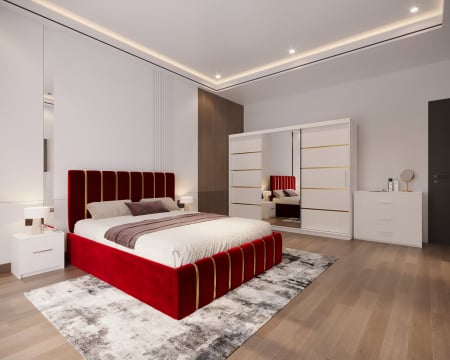 COLECTII - Dormitor LUX cu Pat Tapițat cu dulap 250x200 uși glisante Alb cu Oglinda, noptiere și comodă
