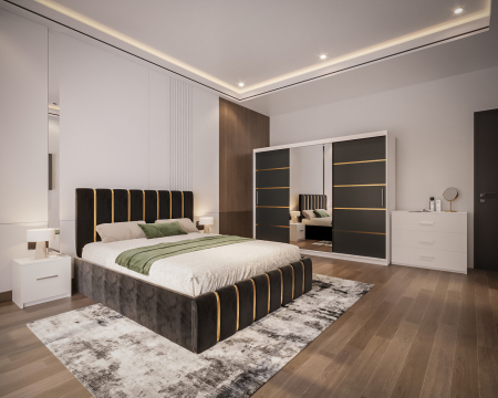 LUX - Dormitor LUX cu Pat Tapițat cu dulap 250x200 uși glisante Antracit cu Oglinda, noptiere și comodă