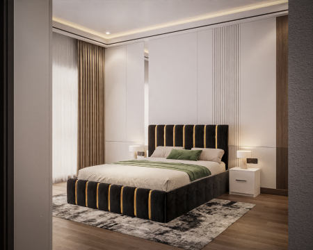 Dormitor LUX cu Pat Tapițat cu dulap 250x200 uși glisante Antracit cu Oglinda, noptiere și comodă [1]