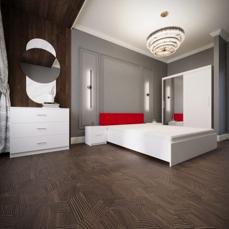 MOBILIER COMPLET DORMITOR - Dormitor Monticelli Alb&Rosu Tapitat 2 Usi cu Oglinda