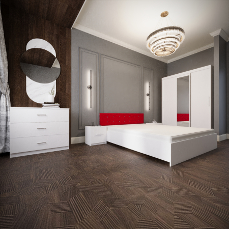 MOBILIER COMPLET DORMITOR - Dormitor Monticelli Alb&Rosu Tapitat 3 Usi cu Oglinda
