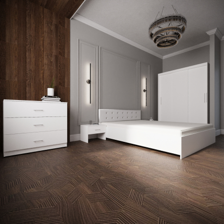 MOBILIER COMPLET DORMITOR - Dormitor Monticelli Alb Tapitat 3 Usi