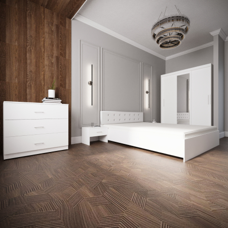 MOBILIER COMPLET DORMITOR - Dormitor Monticelli Alb Tapitat 3 Usi cu Oglinda