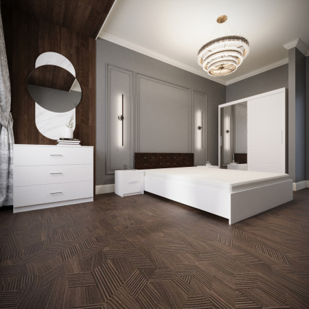 MOBILIER COMPLET DORMITOR - Dormitor Monticelli Alb&Wenge Tapitat 2 Usi cu Oglinda