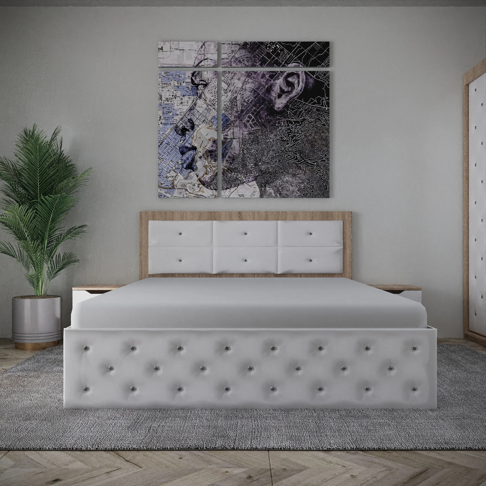 Dormitor Monticelli New Sonoma&Alb Tapitat 2 Usi cu Oglinda [1]