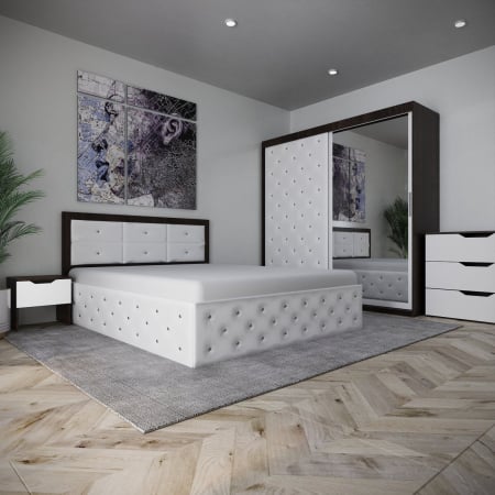 Seturi Dormitor - Dormitor Monticelli New Wenge&Alb Tapitat 2 Usi cu Oglinda