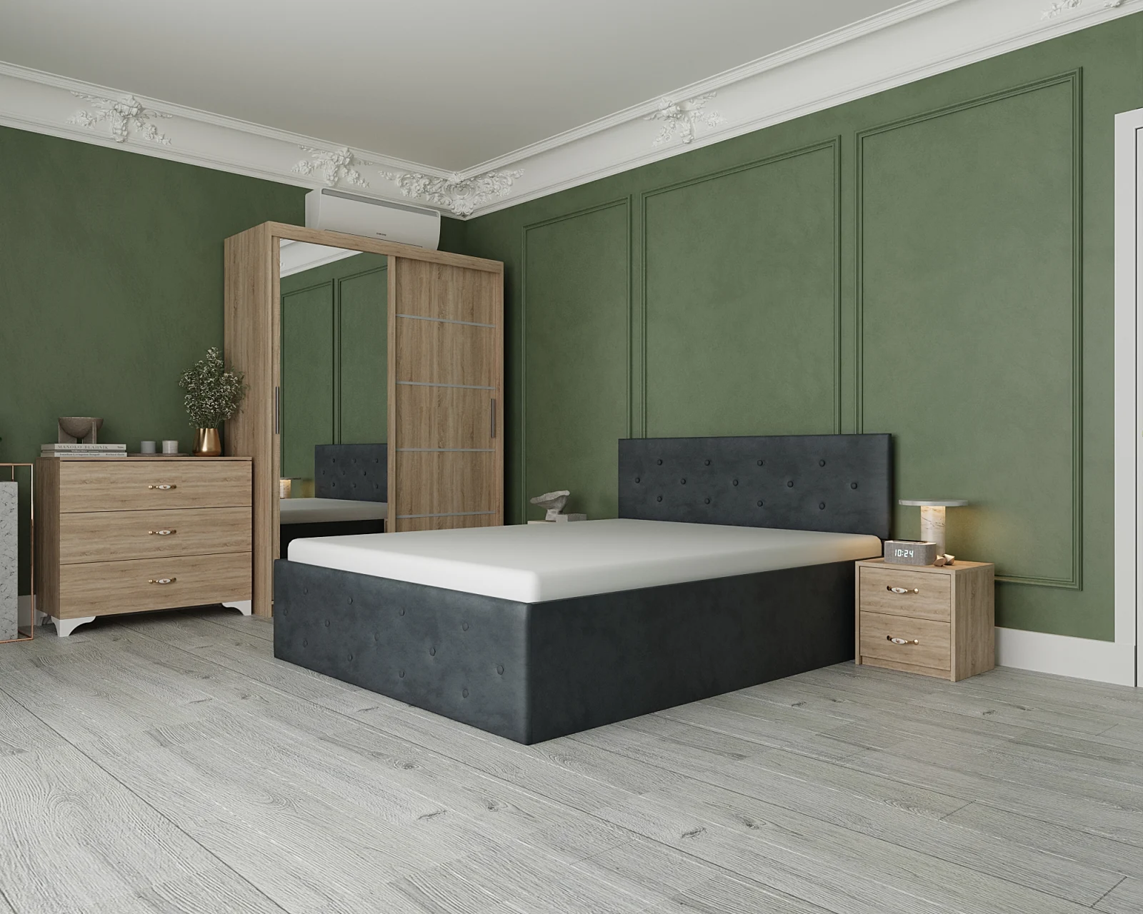 Seturi Dormitor - Dormitor Nevada Tapitat cu Oglinda Sonoma&Gri