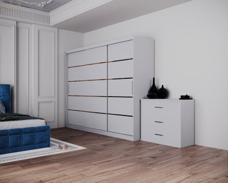 Dormitor Regal cu Pat Tapitat Stofa Albastra cu dulap 250*200 usi glisante Alb, noptiere si comoda [1]