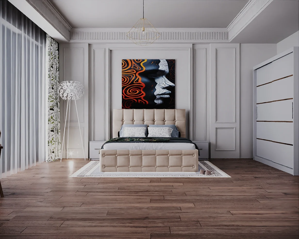 Dormitor Regal cu Pat Tapitat Stofa Bej cu dulap 200*200 usi glisante Alb, noptiere si comoda [3]