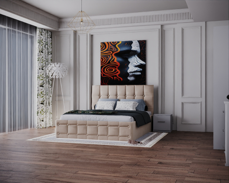 Dormitor Regal cu Pat Tapitat Stofa Bej cu dulap 200*200 usi glisante Alb, noptiere si comoda [1]