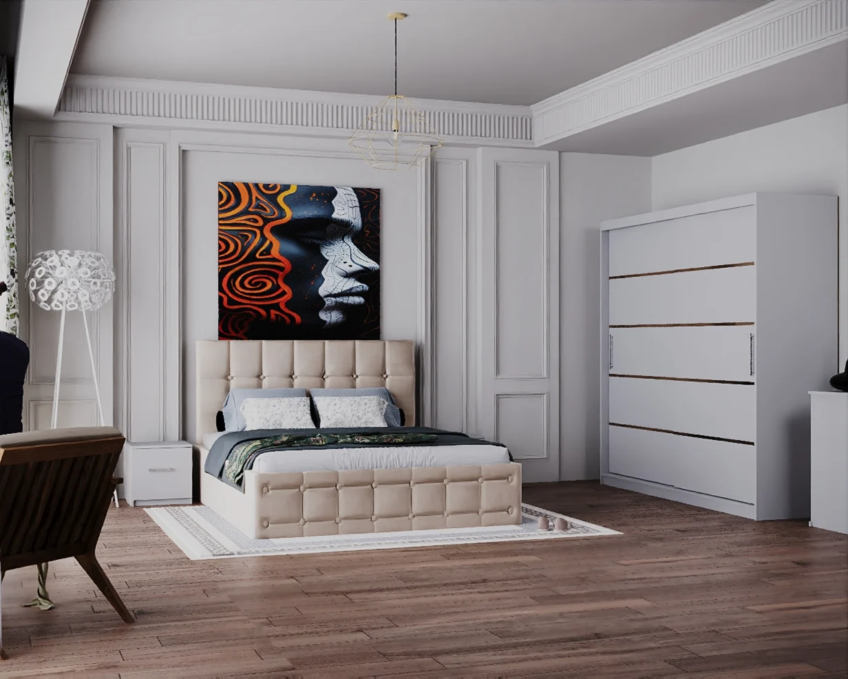 COLECTII - Dormitor Regal cu Pat Tapitat Stofa Bej cu dulap 200*200 usi glisante Alb, noptiere si comoda