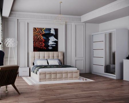 COLECTII - Dormitor Regal cu Pat Tapitat Stofa Bej cu dulap 200*200 usi glisante Alb, noptiere si comoda