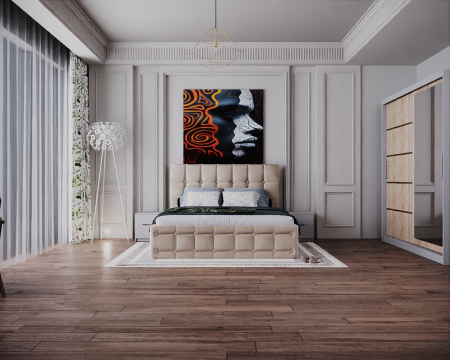 Dormitor Regal cu Pat Tapitat Stofa Bej cu dulap 200*200 usi glisante Sonoma&Alb cu Oglinda, noptiere si comoda [3]