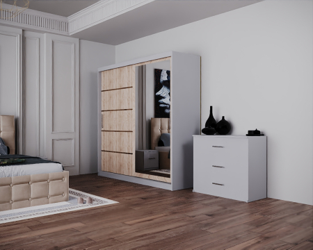 Dormitor Regal cu Pat Tapitat Stofa Bej cu dulap 200*200 usi glisante Sonoma&Alb cu Oglinda, noptiere si comoda [4]