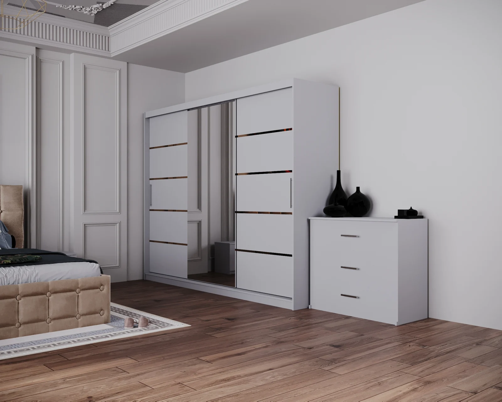 Dormitor Regal cu Pat Tapitat Stofa Bej cu dulap 250*200 usi glisante Alb cu Oglinda, noptiere si comoda [1]