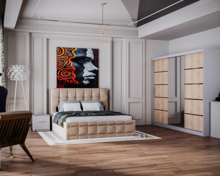 REGAL - Dormitor Regal cu Pat Tapitat Stofa Bej cu dulap 250*200 usi glisante Sonoma&Alb cu Oglinda, noptiere si comoda
