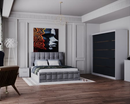 COLECTII - Dormitor Regal cu Pat Tapitat Stofa Gri cu dulap 200*200 usi glisante Alb&Antracit, noptiere si comoda