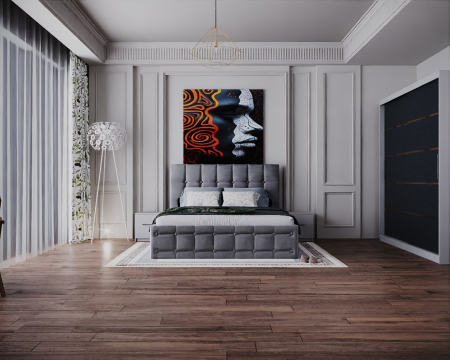 Dormitor Regal cu Pat Tapitat Stofa Gri cu dulap 200*200 usi glisante Alb&Antracit, noptiere si comoda [2]