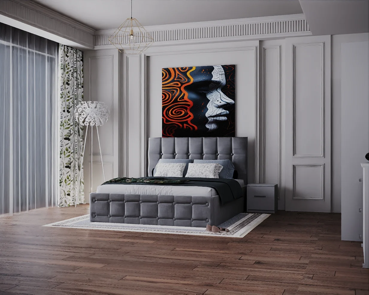 Dormitor Regal cu Pat Tapitat Stofa Gri cu dulap 200*200 usi glisante Alb&Antracit, noptiere si comoda [3]