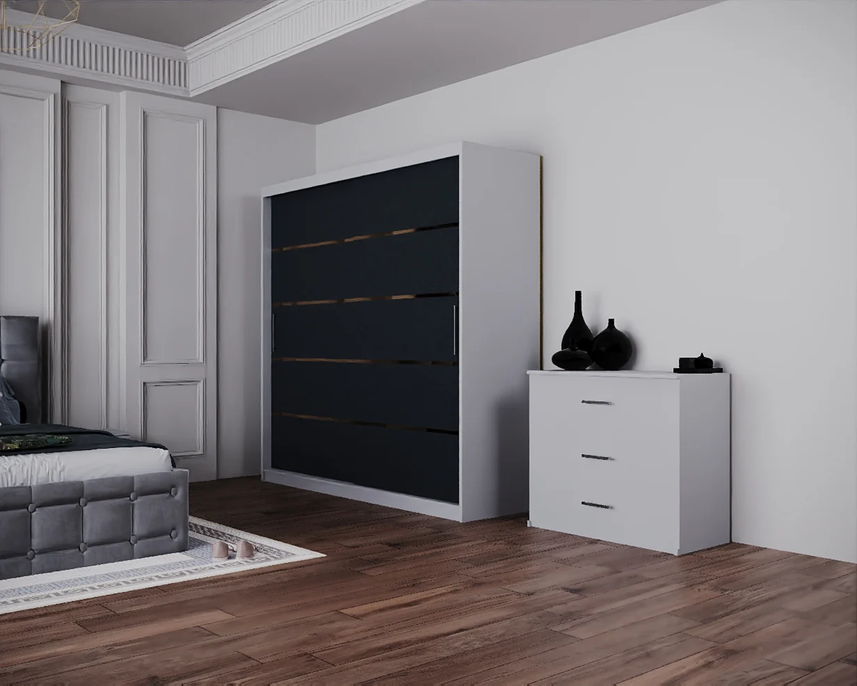 Dormitor Regal cu Pat Tapitat Stofa Gri cu dulap 200*200 usi glisante Alb&Antracit, noptiere si comoda [1]